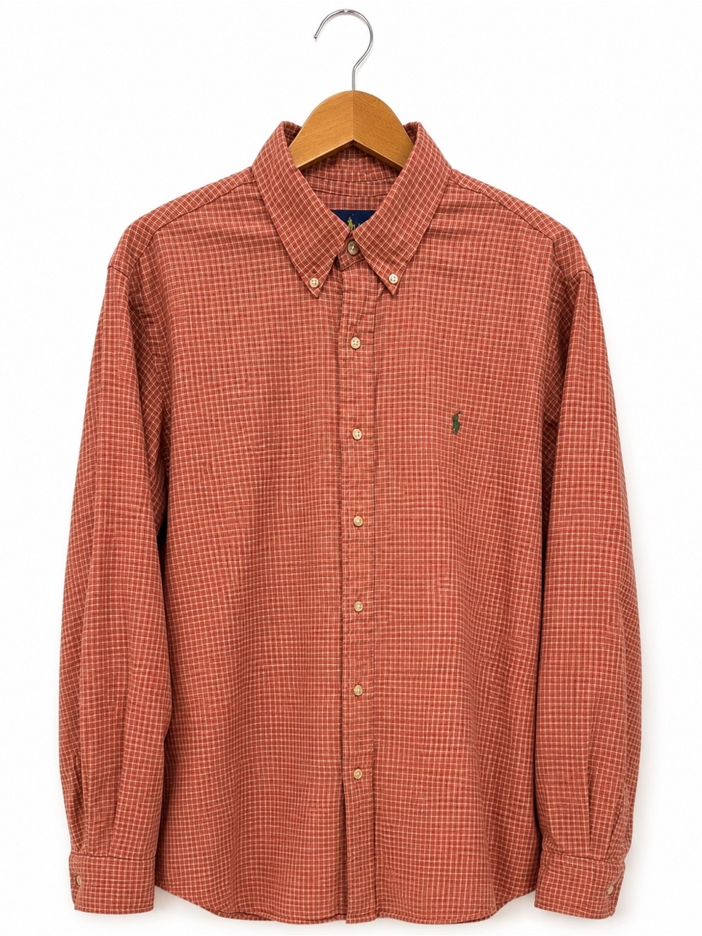 Ralph Lauren Mens Large Slim Fit Orange Plaid Button Down Shirt Cotton Pony